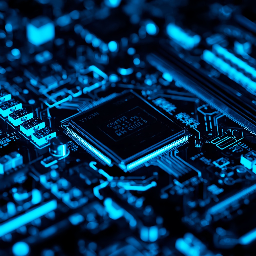 Nano Banana2 prompt: Macro photography of a glowing computer motherboard with glowing blue and cyan circuitry, extreme detail, technology concept, cyberpunk aesthetic, no humans